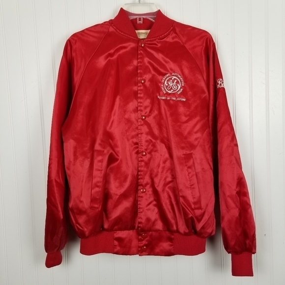 Vintage USA Satin Jacket Bomber GE Factory of The Future Embroidered Snap Red L - Picture 13 of 13